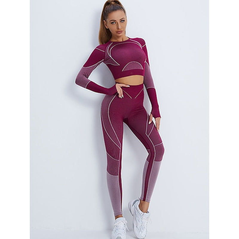 Women'S Activewear Set Workout Sets Winter 2 Piece Cropped Stripes Leggings Crop Top Yellow Pink Spandex Yoga Fitness Gym Workout Tummy Control Butt Lift Breathable Sport Activewear Stretchy