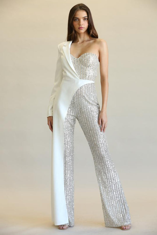 Glamour Fusion: Sequin-Stripe One-Shoulder Jumpsuit with Skirt Detail-Slay Eclectic