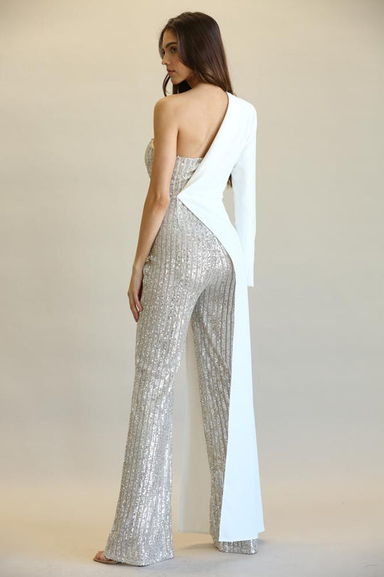 Glamour Fusion: Sequin-Stripe One-Shoulder Jumpsuit with Skirt Detail-Slay Eclectic