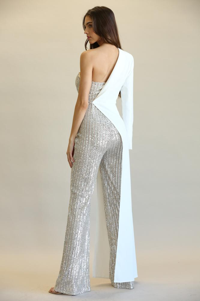 Glamour Fusion: Sequin-Stripe One-Shoulder Jumpsuit with Skirt Detail