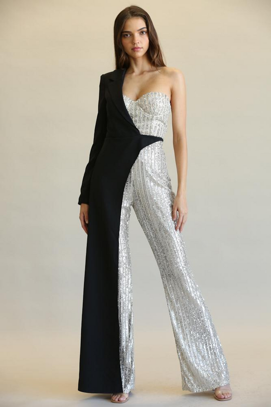 Glamour Fusion: Sequin-Stripe One-Shoulder Jumpsuit with Skirt Detail