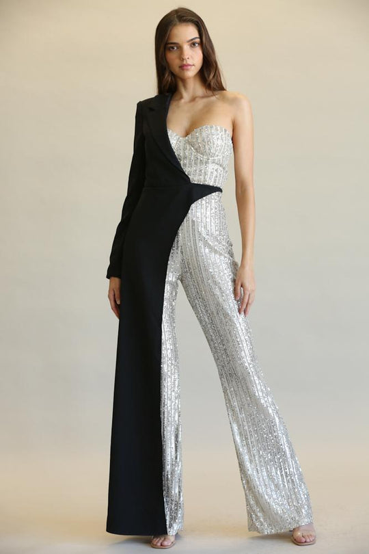 Glamour Fusion: Sequin-Stripe One-Shoulder Jumpsuit with Skirt Detail-Slay Eclectic