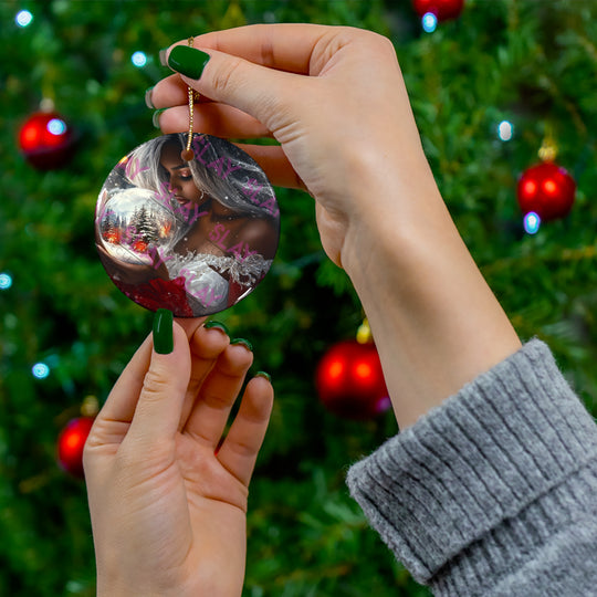 Elegant Holiday Ceramic Original AI Art Ornament - 3 Unique Shapes of A Woman Holding Snow Globe