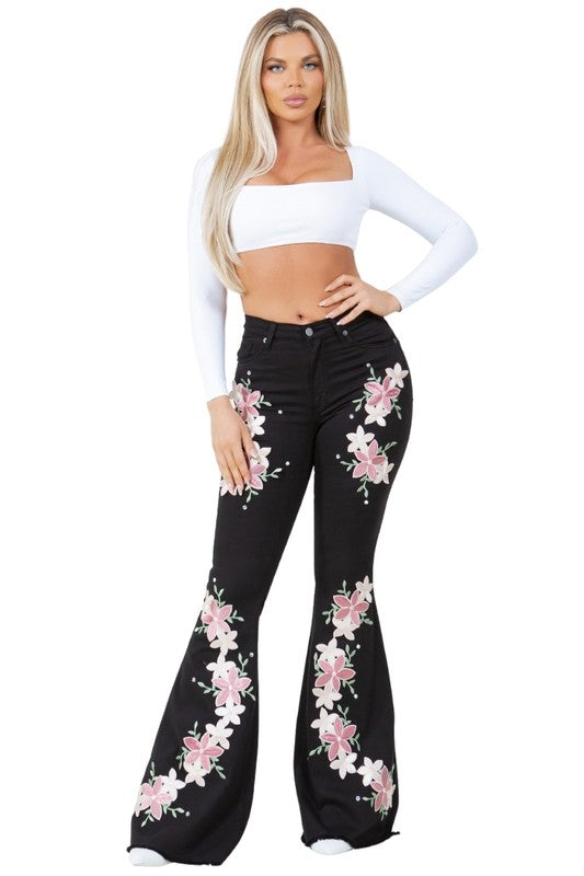 High Rise Frayed Hem Rhinestone Bell Bottoms-Slay Eclectic