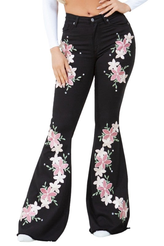 High Rise Frayed Hem Rhinestone Bell Bottoms-Slay Eclectic