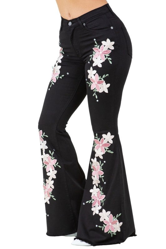 High Rise Frayed Hem Rhinestone Bell Bottoms-Slay Eclectic