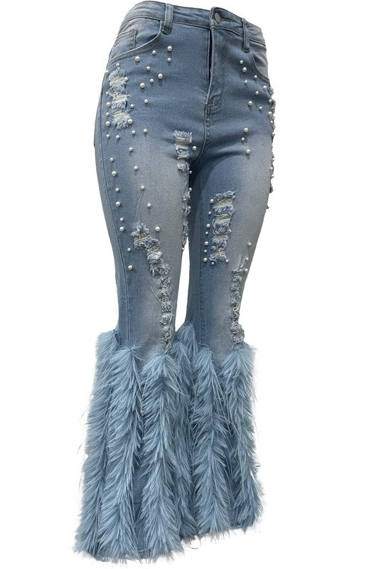 Chic Feather-Embellished Women's Denim Jeans-Slay Eclectic