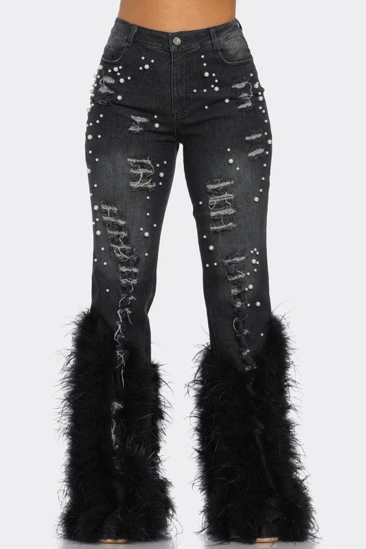 Chic Feather-Embellished Women's Denim Jeans-Slay Eclectic