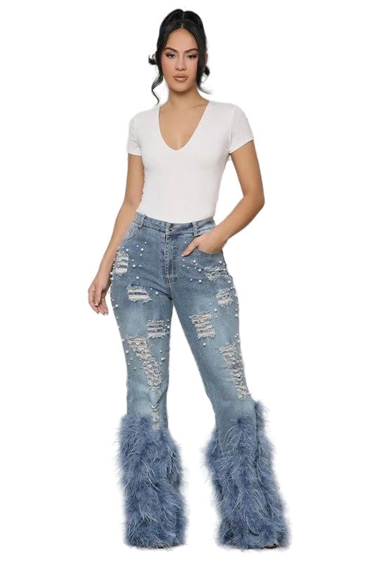 Chic Feather-Embellished Women's Denim Jeans-Slay Eclectic