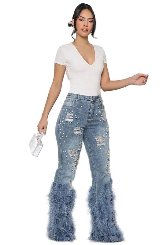 Chic Feather-Embellished Women's Denim Jeans-Slay Eclectic