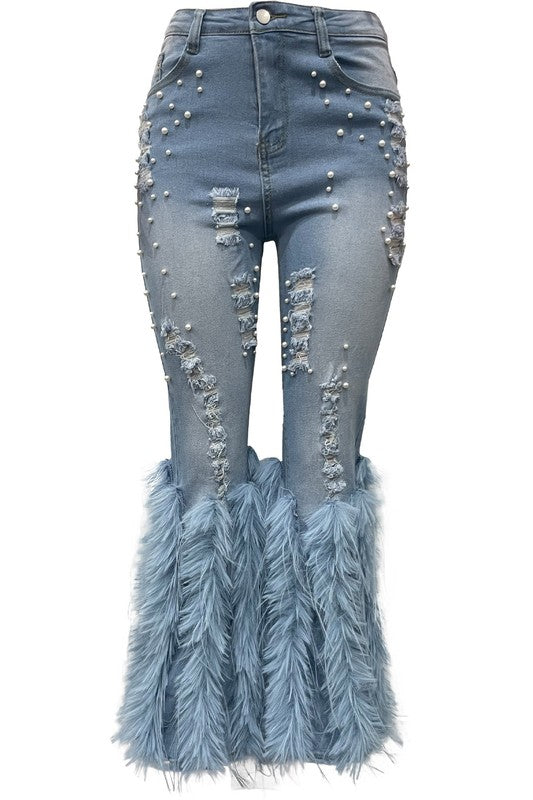 Chic Feather-Embellished Women's Denim Jeans-Slay Eclectic