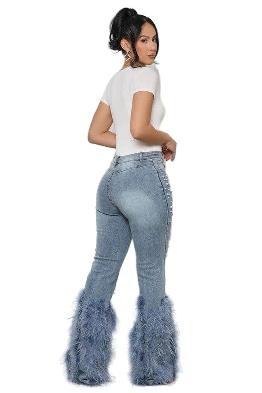 Chic Feather-Embellished Women's Denim Jeans-Slay Eclectic