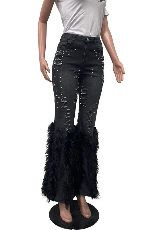 Chic Feather-Embellished Women's Denim Jeans-Slay Eclectic