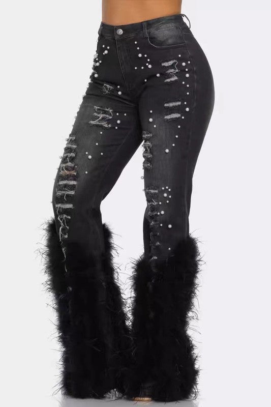 Chic Feather-Embellished Women's Denim Jeans-Slay Eclectic