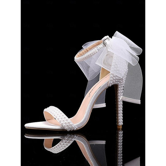 Women'S White Pearl Embellished Wedding Heels with Bow and Ankle Strap – Elegant Bridal Shoes for Weddings and Formal Events