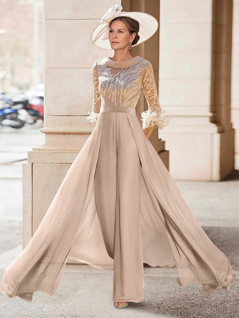 Jumpsuit / Pantsuit Mother of the Bride Dress Beach Wedding Elegant Vintage Jewel Neck Floor Length Chiffon Half Sleeve with Feather Sequin Appliques 2025