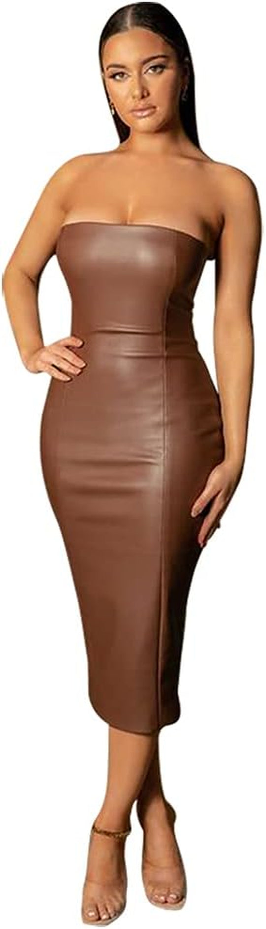 Sleek Faux Leather Off-Shoulder Bodycon Midi Dress for Night Out-Slay Eclectic