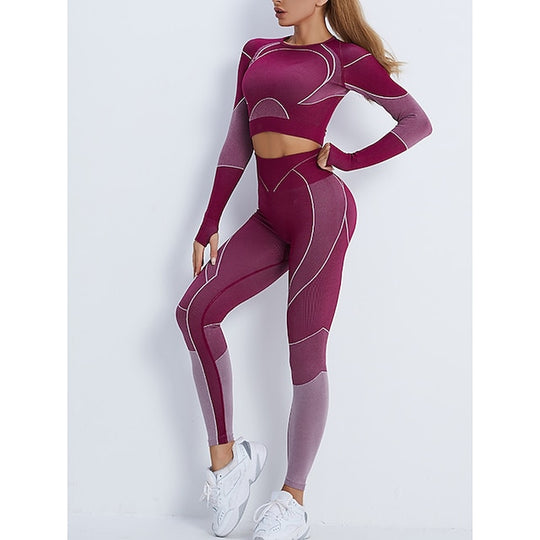 Women'S Activewear Set Workout Sets Winter 2 Piece Cropped Stripes Leggings Crop Top Yellow Pink Spandex Yoga Fitness Gym Workout Tummy Control Butt Lift Breathable Sport Activewear Stretchy