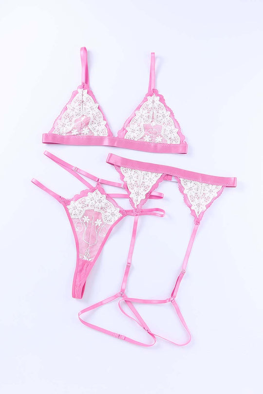 Pink 3pcs Color Block Lace Bralette Lingerie Set