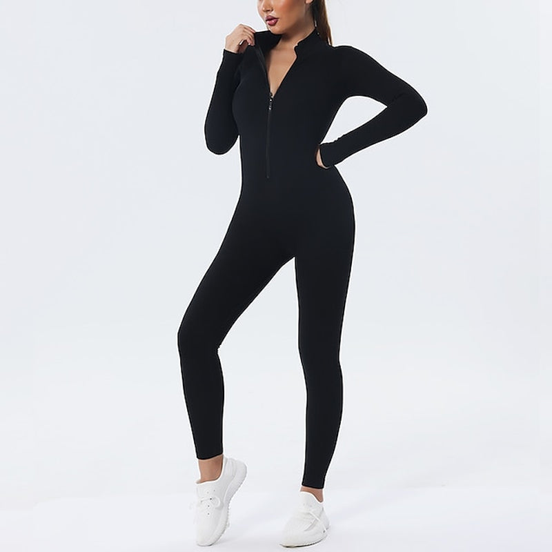 Women'S Onesie Workout Sets Winter Front Zip Solid Color Bodysuit Black Pink Spandex Yoga Fitness Gym Workout Tummy Control Butt Lift Breathable Sport Activewear Stretchy