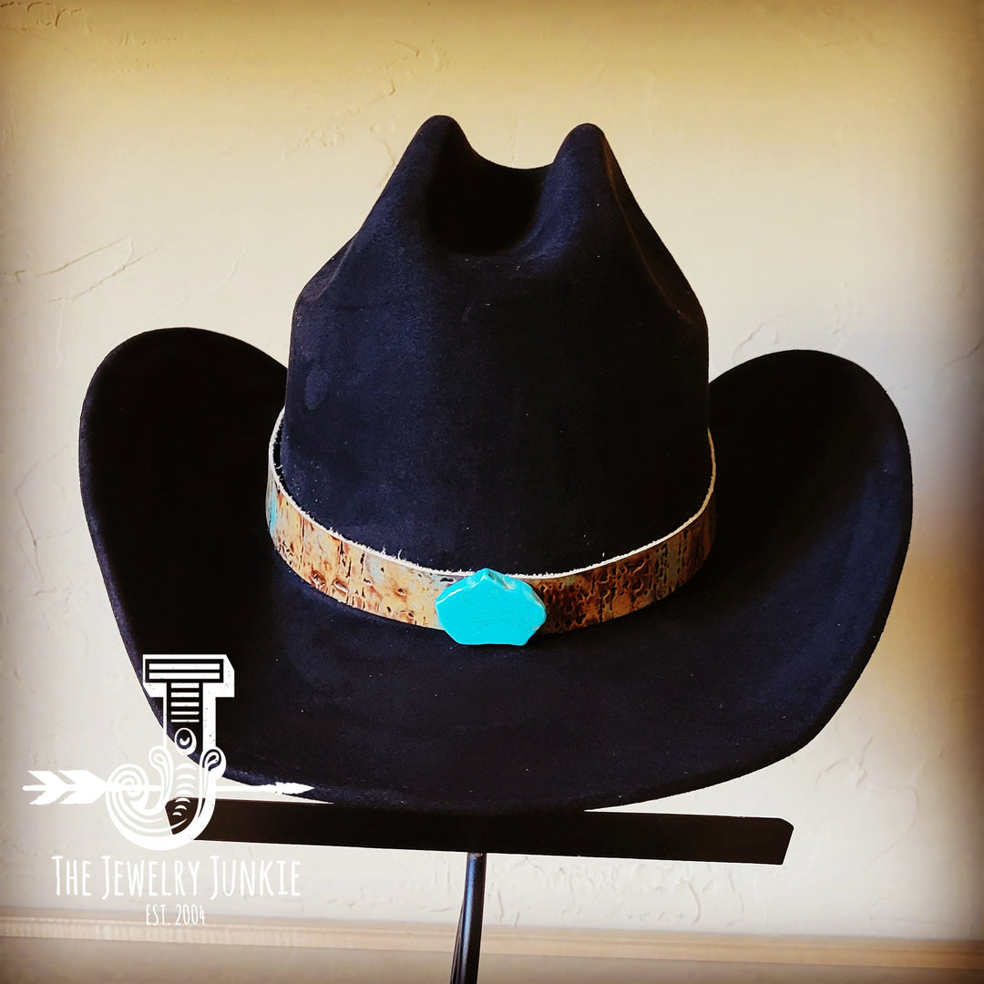 **Driftwood Tarnished Copper Embossed Leather Hat Band Only w/ Turquoise Slab 951u-0