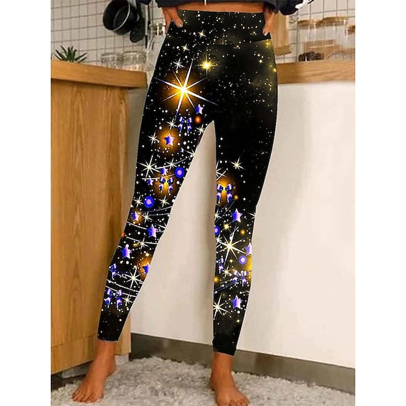 Women‘S Christmas Leggings Stretchy Twinkle Star Moisture Wicking Yoga Fitness Tennis Tights Stretchy Spandex Winter Sports Activewear Cropped Leggings