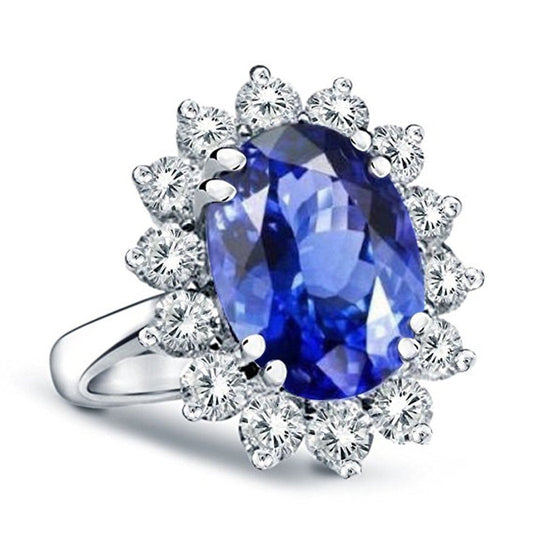 Rings - Regal Elegance: 3.00ct Princess Diana Inspired Lab Grown Sapphire & Diamond Ring In 14K White Gold