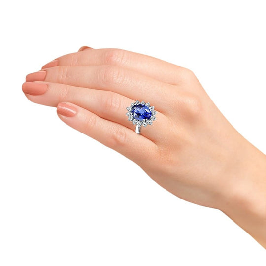 Rings - Regal Elegance: 3.00ct Princess Diana Inspired Lab Grown Sapphire & Diamond Ring In 14K White Gold