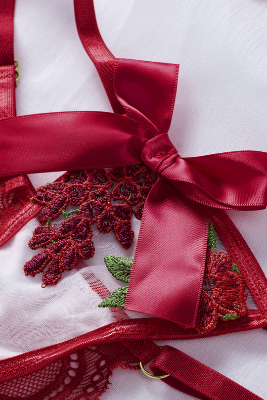 Red Flowers Bow Triangle Bra & Thong  Set