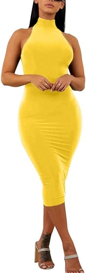 Elegant Sleeveless Bodycon Midi Club Dress - Yellow