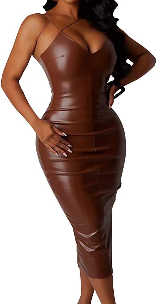 Bodycon Spaghetti Straps Leather Backless Dress - Brown