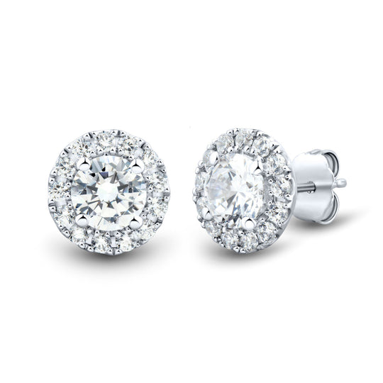 Earrings - Ethical Elegance: 1 CTW AGI Certified Lab Grown Diamond Halo Stud Earrings In 14K White Gold