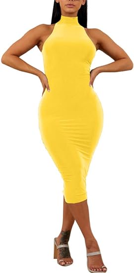 Elegant Sleeveless Bodycon Midi Club Dress - Yellow