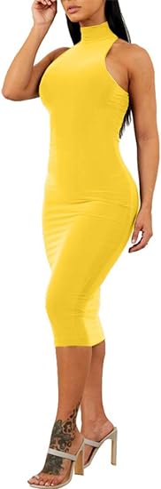 Elegant Sleeveless Bodycon Midi Club Dress - Yellow