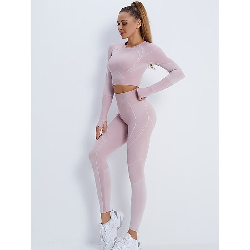 Women'S Activewear Set Workout Sets Winter 2 Piece Cropped Stripes Leggings Crop Top Yellow Pink Spandex Yoga Fitness Gym Workout Tummy Control Butt Lift Breathable Sport Activewear Stretchy