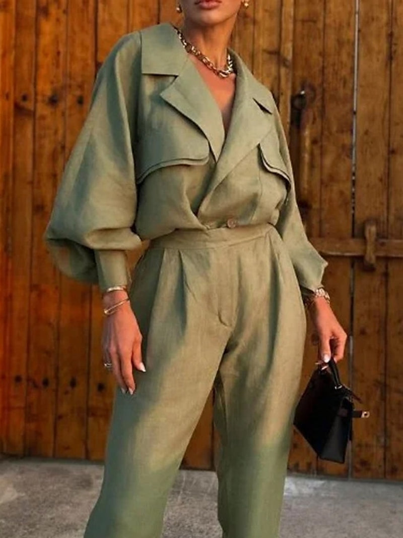 Women'S Fashion Streetwear Daily Shirt Wide Leg Pants Long Sleeve Shirt Collar Plain Formal Office Green Fall Regular Fit