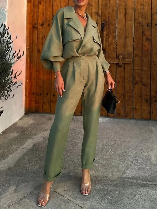 Women'S Fashion Streetwear Daily Shirt Wide Leg Pants Long Sleeve Shirt Collar Plain Formal Office Green Fall Regular Fit