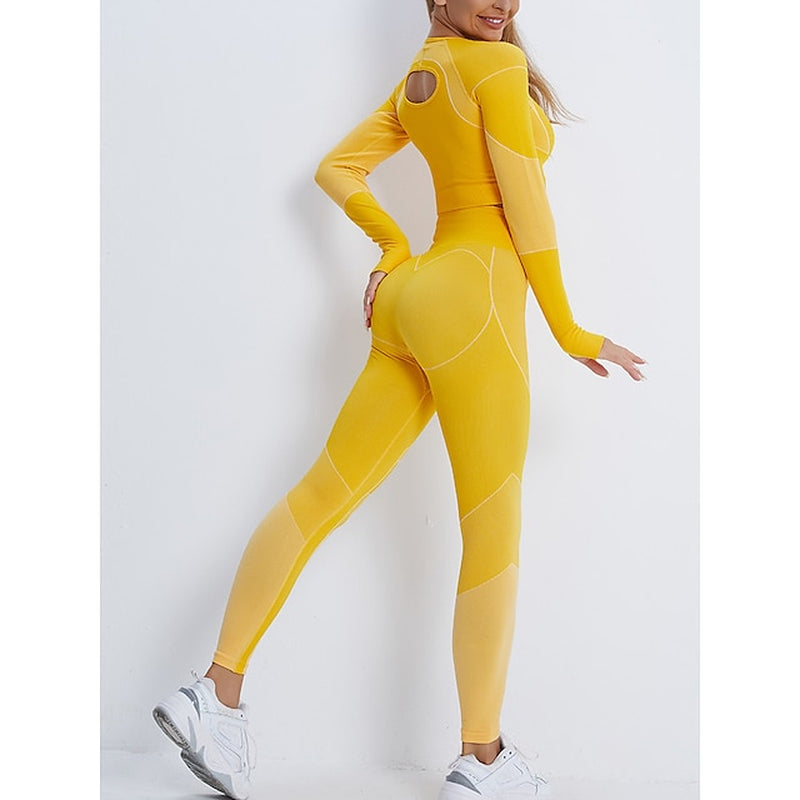 Women'S Activewear Set Workout Sets Winter 2 Piece Cropped Stripes Leggings Crop Top Yellow Pink Spandex Yoga Fitness Gym Workout Tummy Control Butt Lift Breathable Sport Activewear Stretchy