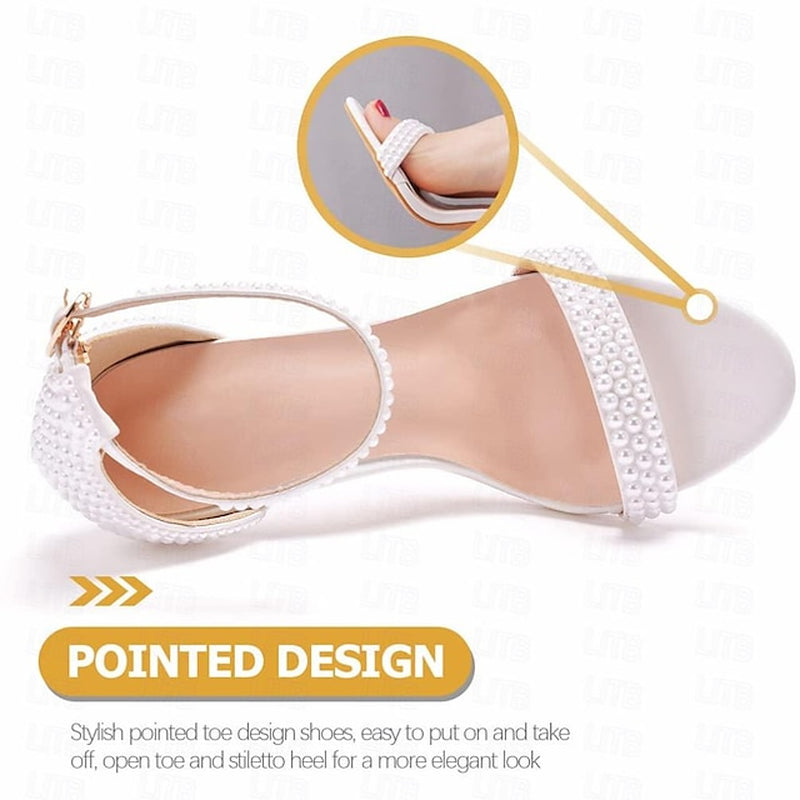 Women'S White Pearl Embellished Wedding Heels with Bow and Ankle Strap – Elegant Bridal Shoes for Weddings and Formal Events