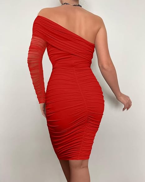 One Shoulder Sheer Bodycon Ruched Midi  Dress - Red