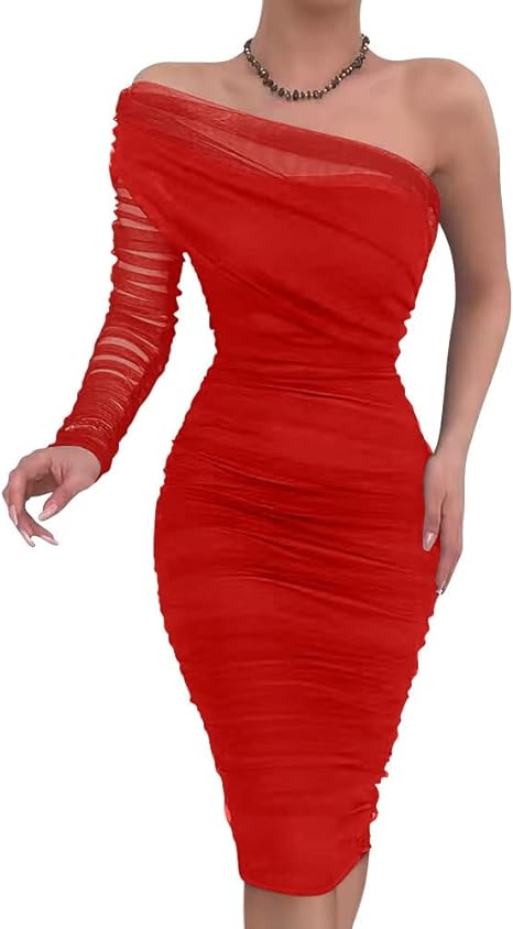 One Shoulder Sheer Bodycon Ruched Midi  Dress - Red