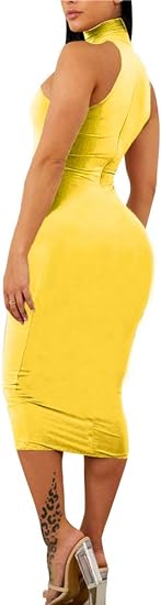 Elegant Sleeveless Bodycon Midi Club Dress - Yellow