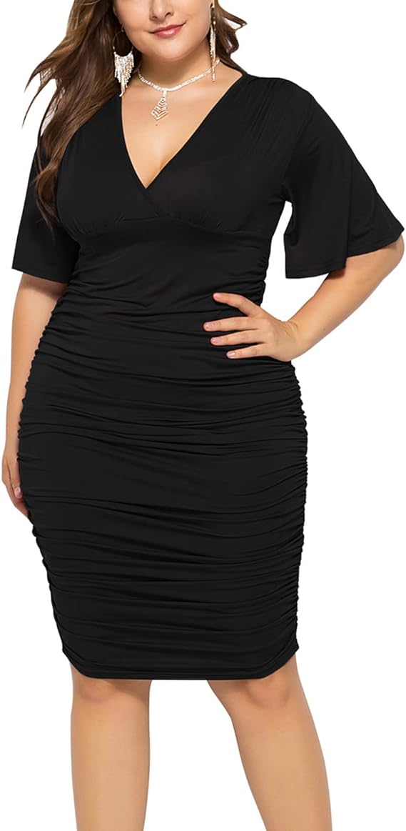 Plus Size Bodycon for Curvy Women Quarter Bell Sleeves V Neck Dress - Black