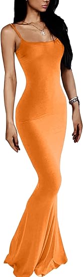 Spaghetti Strap Tight Slip Maxi Bodycon Dress  - Orange