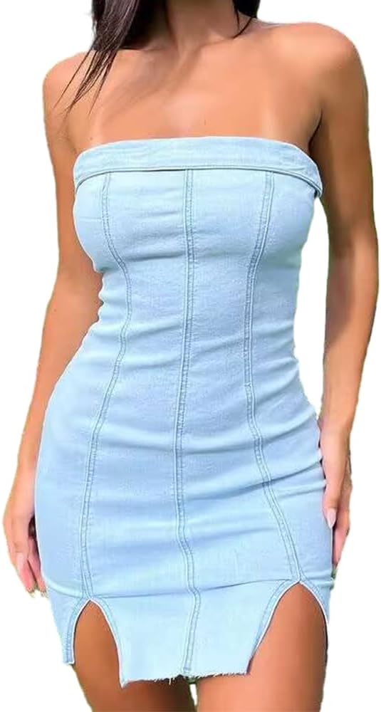 Strapless Denim Corset Bodycon Mini Dress - Blue