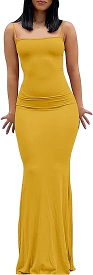 Spaghetti Strap Tight Slip Maxi Bodycon Dress  - Yellow