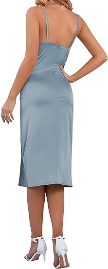 Satin Drape Cowl Neck Bodycon Midi Dress - Gray