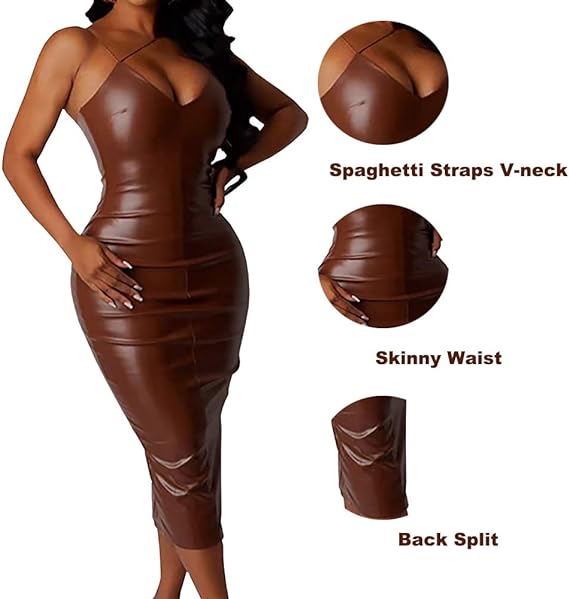 Bodycon Spaghetti Straps Leather Backless Dress - Brown