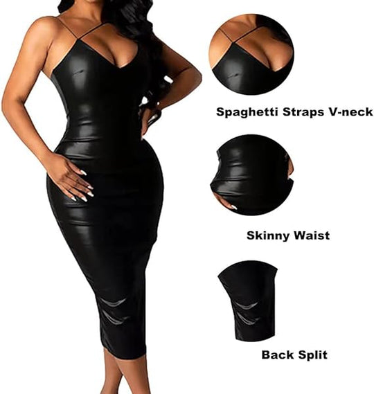 Bodycon Spaghetti Straps Leather Backless Dress - Black