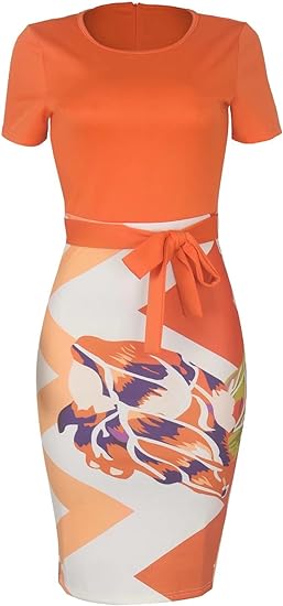 Floral Prints Pencil Dress Midi with Belt - Orange